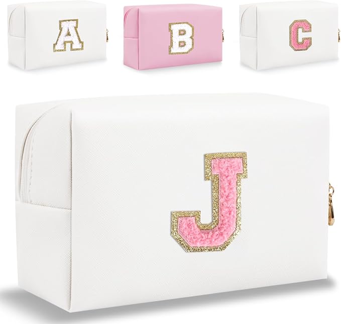 Small Personalized Letter Makeup Bag, Cute PU Leather Chenille Letters Cosmetic Bag Travel Makeup Pouch, Preppy Travel Organizer Zipper Pouch for Women&Girls（WhitePink-J）