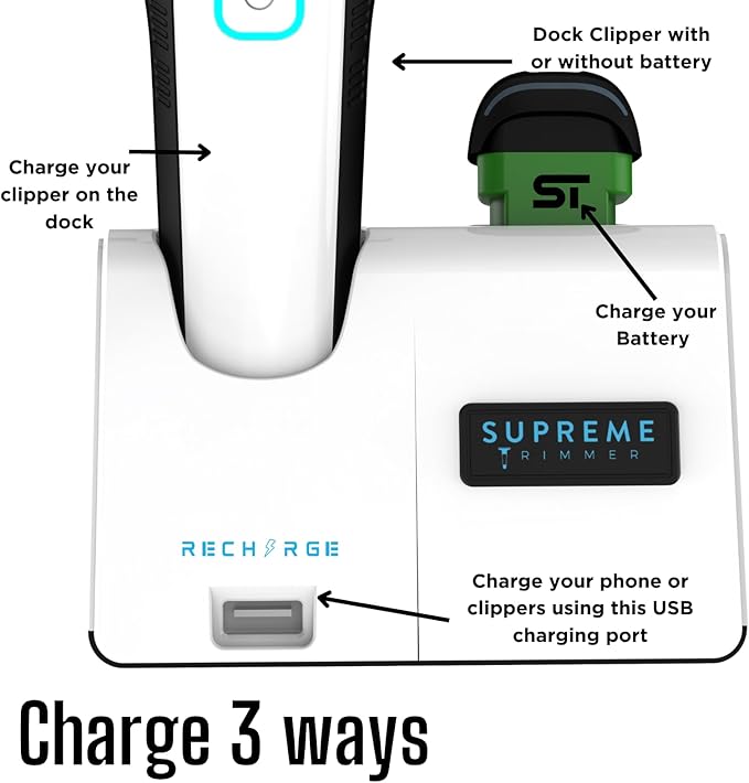 Supreme Trimmer Recharge Clipper - Professional Hair Clipper with 2 Removable Batteries, Brushless Motor, Smart Charge Stand, USB-C Charge & DLC Blades Barbers | STC779