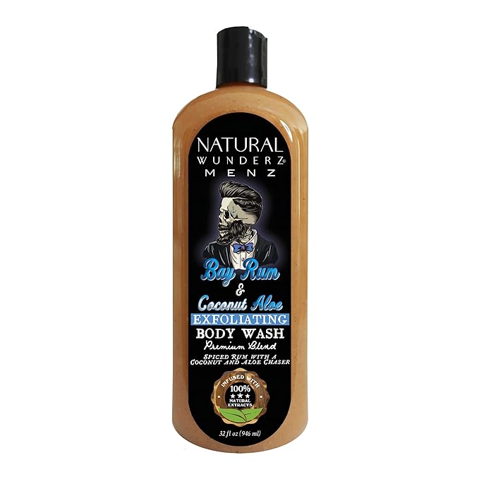 Natural Wunderz Mens Body Wash, Exfoliating Bay Rum & Coconut Aloe Scent, 32 Fl Oz All-In-One Liquid Soap and Shower Gel, Sulfate Free and Vegan Friendly Body Scrub