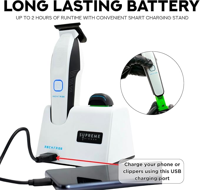 Supreme Trimmer Recharge ST777 – Professional Barber Trimmer with 2 Removable Batteries | 8000 RPM Motor, Zero Gap DLC Blades, Smart Charging Dock, USB-C Fast Charge