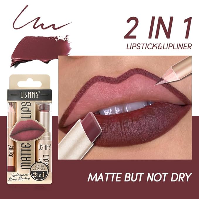 USHAS 2 in 1 Waterproof Lipstick and Lip Liner Combo Set for Women - Long Lasting Matte Pen With Makeup Kit (G3, Pack of 1)