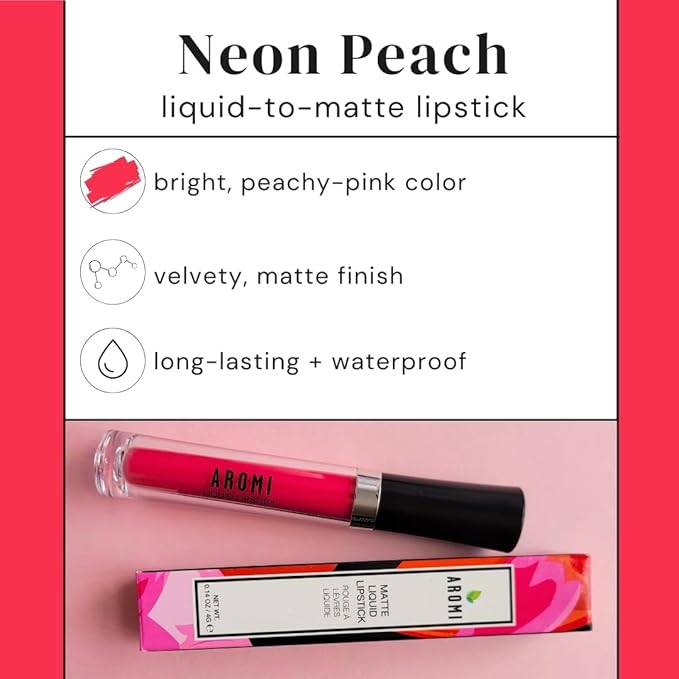 Aromi Matte Liquid Lipstick | Long-lasting, Bright Peachy Coral Lip Color, Vegan, Cruelty-free, Gluten Free Waterproof (Neon Peach)
