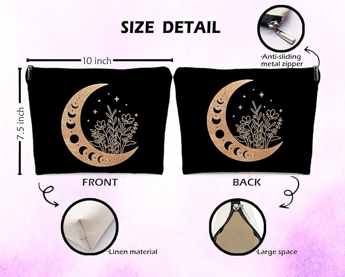 Boho Floral Celestial Crescent Moon Phase Makeup Bag, Mystical Crescent Moon Linen Makeup Travel Toiletry Bag, Abstract Floral Moon Cosmetic Bag Gifts For Girls Women Daughter Sister