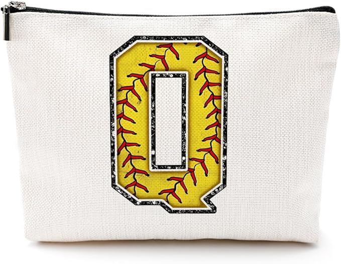 Softball Gifts Initial Makeup Bag Monogrammed Cosmetic Bag Letter Q Zipper Pouch Softball Accessories for Girls Women Softball Player Coach Friend Softball Stuff Graduation Birthday Gifts