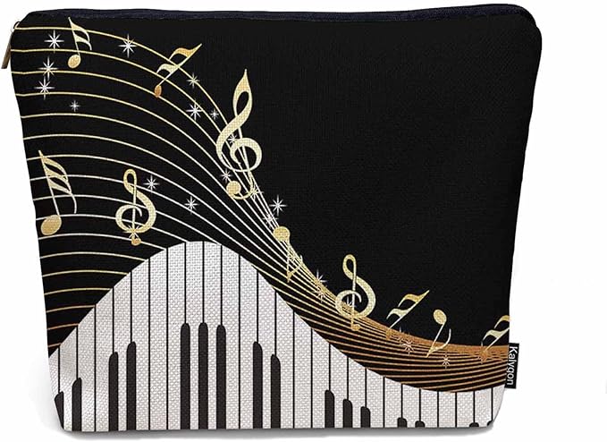 Women Makeup Organizer Bag Piano Music Notes Instrument Piano Flax Cosmetic Bag Makeup Bags Toiletry Bag Accessories Organizer Travel Bags For Home Bathroom Office Hotel Gym Black Golden