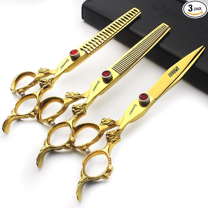 Gold Dragon Professional Hairdressing Scissors - 7 Inch 3-Piece Set (Gold & Black)
