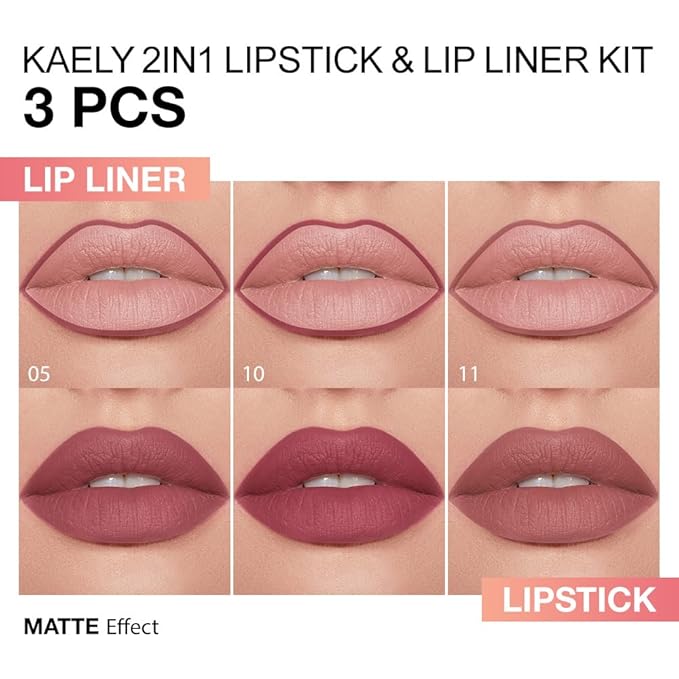 evpct 3Pcs Mauve Red Dusty Rose Gradient Matte Lipstick Lip Liner Crayon Combo Pencil Set for Women Long Lasting Waterproof, Cream Lip Liner and Lipstick Combo Makeup，Flawless Gradual Ombre Effect