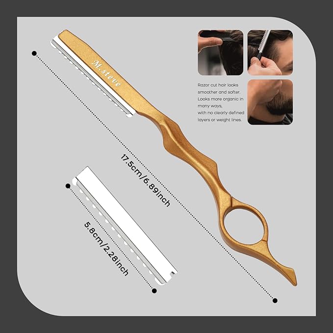 Hair Razors For Cutting Hair 6.89", Professional Hair Styling Razor with Replacement Stainless Steel Blades for Salon/Home -11PCS Gold
