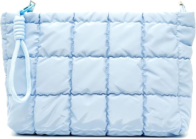 Puffer Quilted Makeup Bag Travel Cosmetic Bag Portable Puffy Checkered Toiletry Pouch Skincare Organizer Purse Pencil Case (Sky Blue)