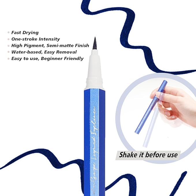 Liquid Eyeliner, Deep Blue Eyeliner Pen, Long Lasting Blue Eye Liner with Felt Tip, Precision Colored Eye Liner Pen, Water Removable, Easy to Use, Body Art Use (Midnight Wave)