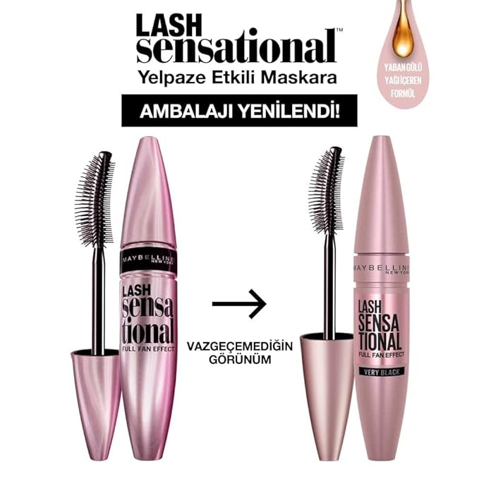 Maybelline Lash Sensational Mascara, Lengthening and Volumizing | Very Black | Washable | Full Fan Effect | Pack of 2