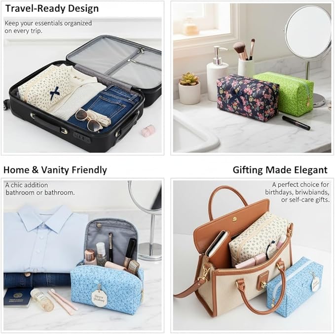 Floral Cotton Makeup Brush Cosmetic Bag for Women, Travel Quilted Zipper Pouch, Large Capacity Flowers Toiletry Organizer, Kawaii Makeup Storage Case, Cosmetic Travel Cloth Bag-White/Blue Flowers