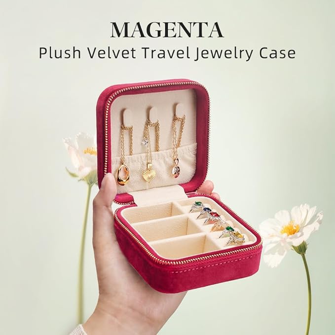 Travel Jewelry Case, Small Plush Velvet Jewelry Box for Women and Girls, Portable Jewelry holder organizer for Rings Earrings Necklaces Bracelets(Magenta)