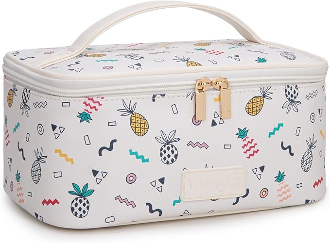 Montana West X Wrangler Travel Makeup Bag 2pcs Set Large Cosmetic Bag with Makeup Brush Holder Portable Make Up Organizer Cute Toiletry Bag with Divider and Handle for Women Beige