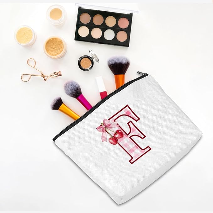 Initial Makeup Bag Monogram Cosmetic Bag Monogrammed Gifts for Women Girls Best Friends Coworker Personalized Travel Toiletry Bag Christmas Bridal Shower Wedding Bridesmaid Gifts, Cherry F