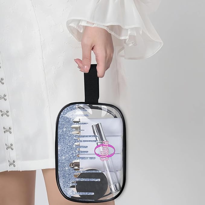 Custom Travel Clear Cosmetic Bag with Name, Personalized Large Capacity Weekend PVC Transparent Toiletry Bag Portable Bathroom Makeup Organizer, Grey Blue Water Fluid Shape Glittering