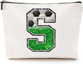Initial Makeup Bag Monogrammed Cosmetic Bag Letter S Zipper Pouch Soccer Accessories for Girls Women Player Coach Friend Stuff Graduation Birthday Gifts