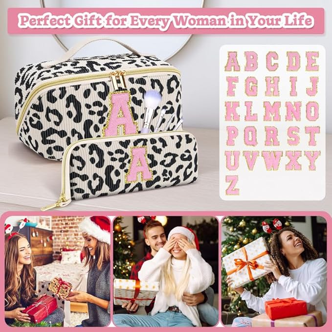 Personalized Travel Makeup Bag Set,Initial Travel Cute Leopard Makeup Organizer Bag,Toiletry Skincare Cosmetic Bag,Christmas Gifts for Women/Girls,Open Flat Toiletry Pouch with Brush Pocket-E