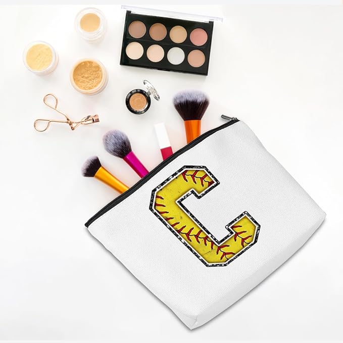 Initial Makeup Bag Monogrammed Cosmetic Bag Yellow Letter C Zipper Pouch Softball Accessories for Girls Women Player Coach Bestie Stuff Graduation Birthday Gifts