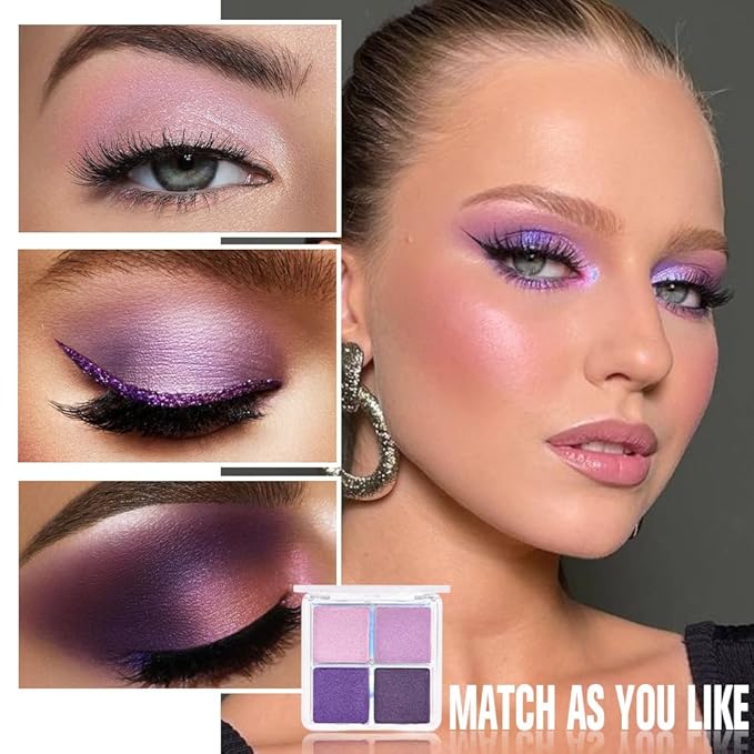 evpct Eyeshadow Quad Palette, Nude Pink Orchid Lavender Dark Purple Glitter Shimmer Metallic Matte High Pigment Eye Shadow Palette Makeup for older Women, Smudge Proof, Vegan Cruelty-free, Seductive