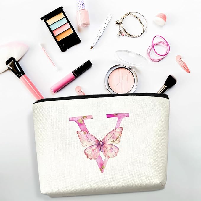 Initial Makeup Bag Pink Butterfly V Personalized Cosmetic Bag Monogrammed Gifts for Women Girls Bride Bridesmaid Monogram Zipper Pouch for Friendship Mothers Day Birthday Wedding Bridal Shower Gifts