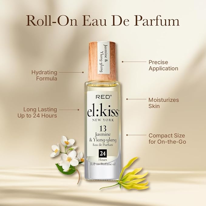 EL:KISS Roll On Perfume, Jasmine & Ylang Ylang Inspired by Ch. Gabrielle, Eau de Parfum 12mL (.40 Fl Oz), Hydrating & Long-Lasting, Alcohol & Mineral Oil-Free, Infused With Jojoba, Argan & Coconut Oil