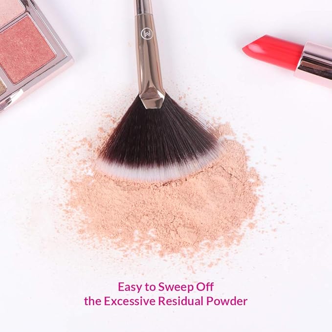 Fan Makeup Brush For Highlighter, Blush, Flutty&Powder Cosmetic Tool w/Long Handle& Anti-Champagne Gold Brush