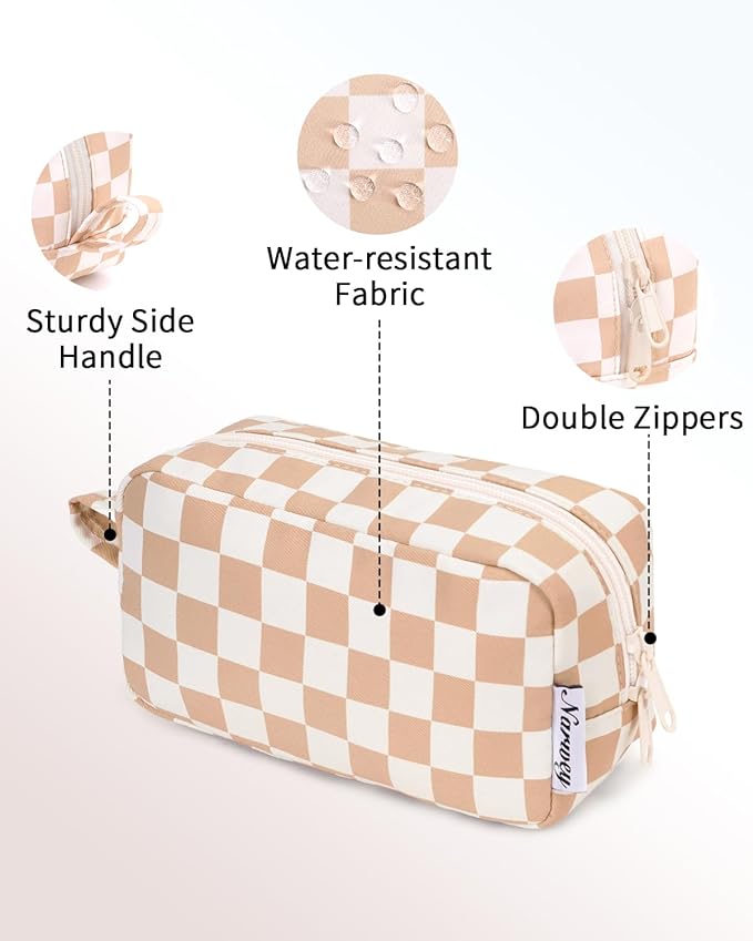 Narwey Small Checkered Makeup Bag for Purse Mini Cosmetic Bag Travel Makeup Pouch Zipper Pouch Cute Make up Bags with Organized Pockets for Women (Light Checkerboard, Small)