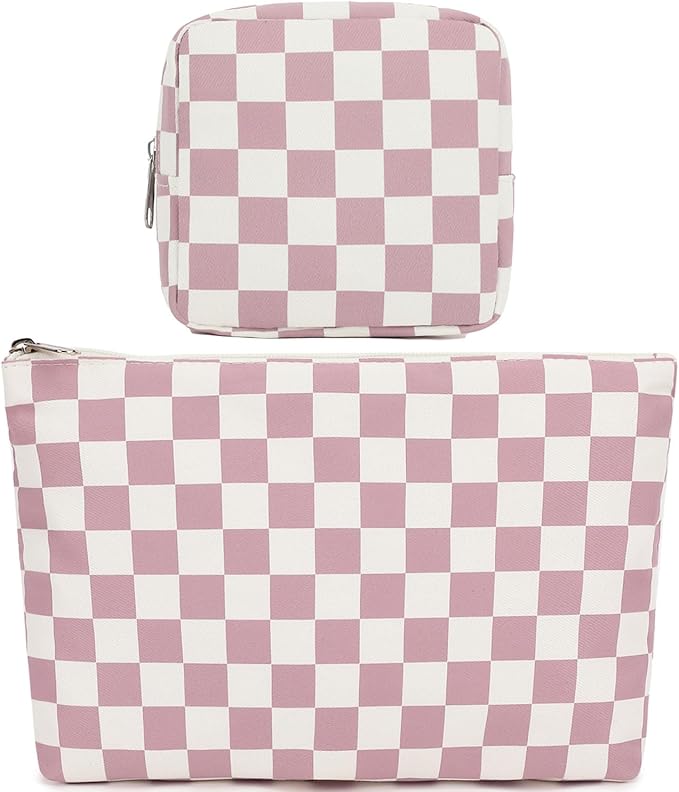 Checkered Makeup Bag, Travel Cosmetic Bag Organizer Toiletry Bag Make Up Bags with Zipper & Compartments for Women Girls, 2PCS