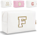 Small Personalized Letter Makeup Bag, Cute PU Leather Chenille Letters Cosmetic Bag Travel Makeup Pouch, Preppy Travel Organizer Zipper Pouch for Women&Girls（White-F）
