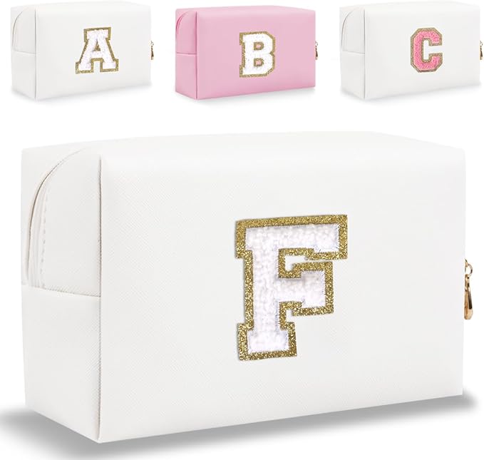 Small Personalized Letter Makeup Bag, Cute PU Leather Chenille Letters Cosmetic Bag Travel Makeup Pouch, Preppy Travel Organizer Zipper Pouch for Women&Girls（White-F）