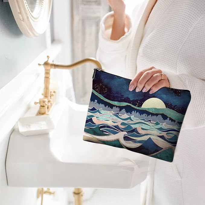 Cute Makeup Bag for Purse Canvas Waterproof Funny Cosmetic Bags for Women Zipper Travel Toiletry Pouch-Mountain Makeup Bags-Blue