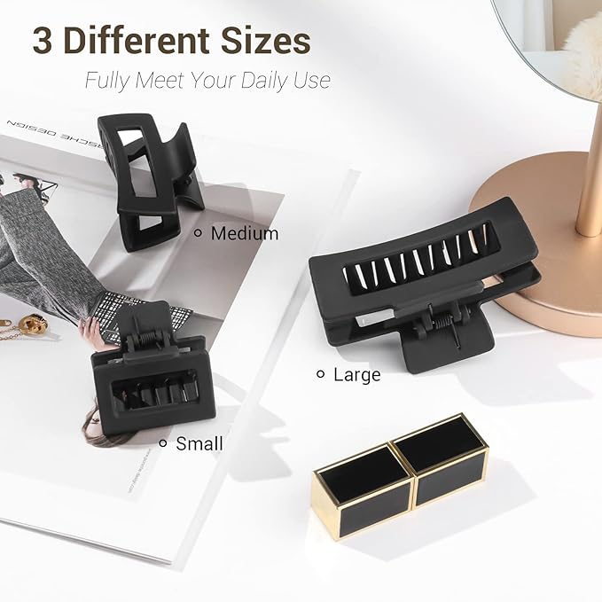 Shinowa 3 Pack Hair Claw Clips, Square Rectangular Claw Hair Clips for Women Girls, Non-slip Matte Large Medium Small Hair Clips, Strong Hold Jaw Clip for Thick Thin Hair, Black