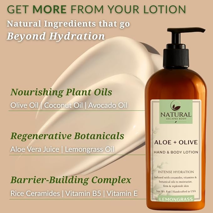 Moisturizing & Firming Lemongrass Body Lotion & Hand Cream - Natural Moisturizer for Dry Skin, Itchy or Crepey Skin - Eczema Treatment - Olive Oil, Coconut Oil & Avocado Oil - 8oz
