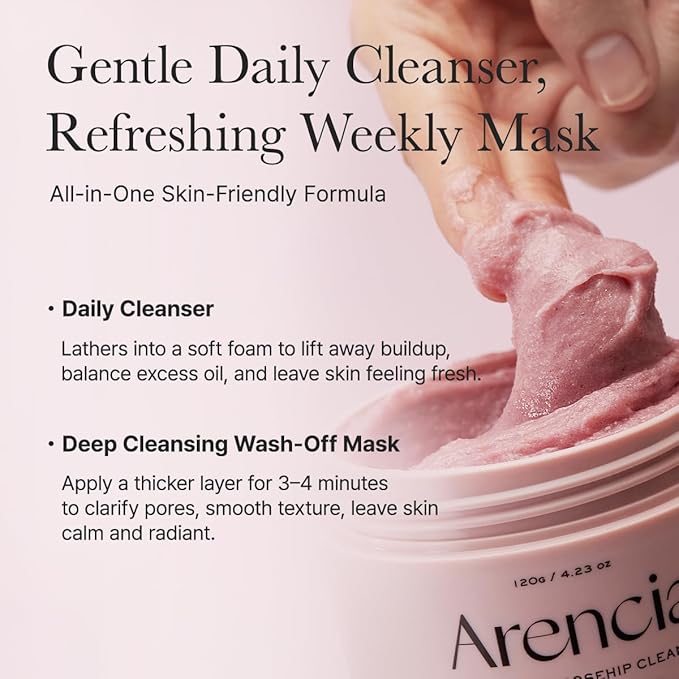 Arencia Rosehip Brightening Rice Mochi Face Cleanser & Daily Scrub - Moisturizing, Exfoliating & Deep-Cleansing - All Skin Types with Rice Powder & Rice Water (4.23oz)