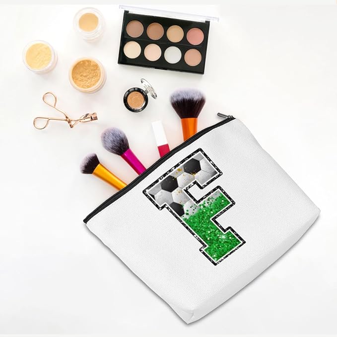 Soccer Gifts Initial Makeup Bag Monogrammed Cosmetic Bag Letter F Zipper Pouch Soccer Accessories for Girls Women Soccer Player Coach Friend Soccer Stuff Graduation Birthday Gifts