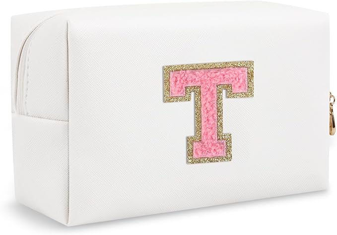 Personalized Small Travel Preppy Makeup Bag, Chenille Letter White Cute Makeup Bag Initial Cosmetic Pouch Toiletry Organizer, PU Leather Waterproof Makeup Storage Gifts for Teacher Women(Letter T)