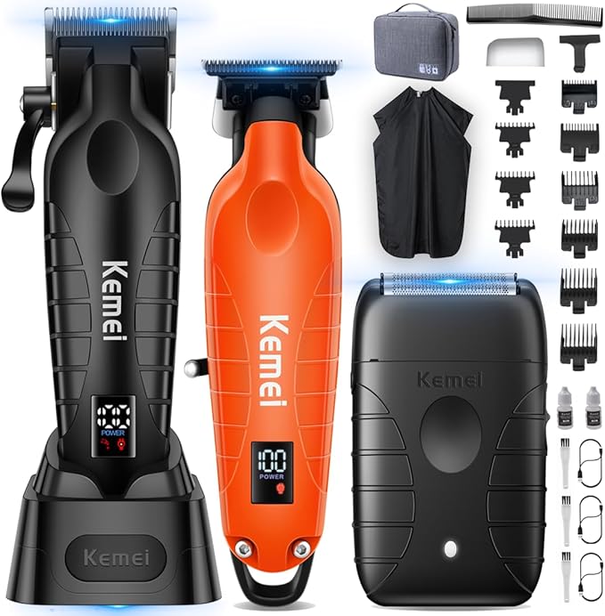 KEMEI Hair Clippers for Men Professional, Barber Clippers and Trimmers Set, Foil Shaver for Men,Cordless Hair Clippers and Barber Kit, Hair Cutting Kit, KM-2293Orange, KM-PG2290D, KM-T95