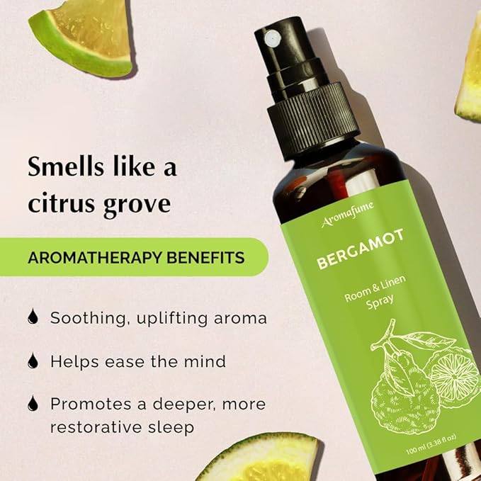 Bergamot Room, Linen & Pillow Spray by Aromafume | 100ml/3.38 fl oz | with Pure Bergamot Essential Oil | Aromatherapy Spray for Relaxation, Sleep & Stress Relief | Mist for Bedding, Fabric