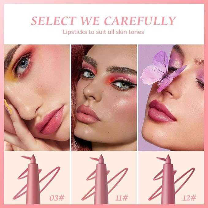 12 Colors Matte Lip Liner Pencil – Long Lasting Waterproof Lip Liner, Smudge Proof Transfer Proof Lip Pencil, High Pigment Lip Makeup for Defining & Filling Lips (A2-set:03+11+12, 3PCS)