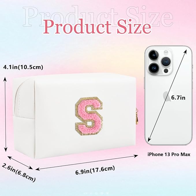 Small Personalized Letter Makeup Bag, Cute PU Leather Chenille Letters Cosmetic Bag Travel Makeup Pouch, Preppy Travel Organizer Zipper Pouch for Women&Girls（WhitePink-S）