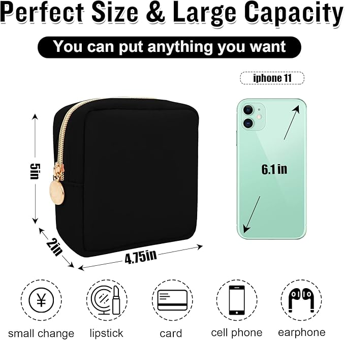Nylon Mini Makeup Bag for Purse, Preppy Small Cute Black Makeup Bag Cosmetic Zipper Pouch Purse, Waterproof Travel Coin Pouch Sanitary Napkin Storage Bag Clutch Makeup Organizer for Women Girls(Black)