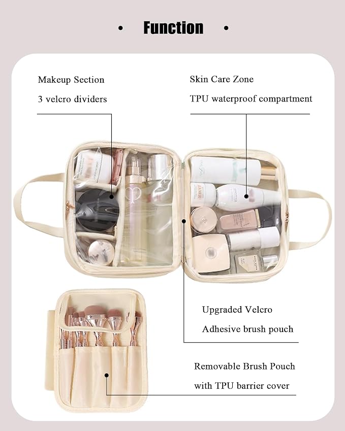Travel Makeup Bag Skin-feel Leather, Large Capacity Cosmetic case for Women, Waterproof Portable Make up Organizer with Divider and Handle for Toiletries, Beauty Essentials (Beige)