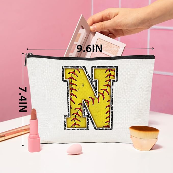 Softball Gifts Initial Makeup Bag Monogrammed Cosmetic Bag Letter N Zipper Pouch Softball Accessories for Girls Women Softball Player Coach Friend Softball Stuff Graduation Birthday Gifts