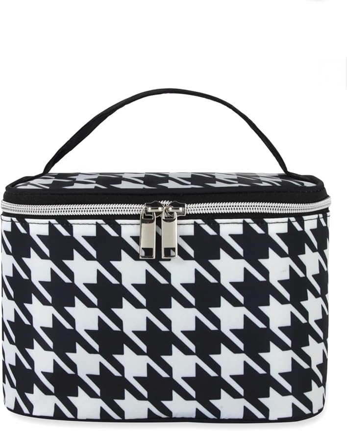 Cosmetic Bag, Travel Case, Makeup Bag, Houndstooth pattern, with Two-Way Zippers, Water Resistant, Fully Lined, 8.7 x 5.9 x 6 inches, Black and White