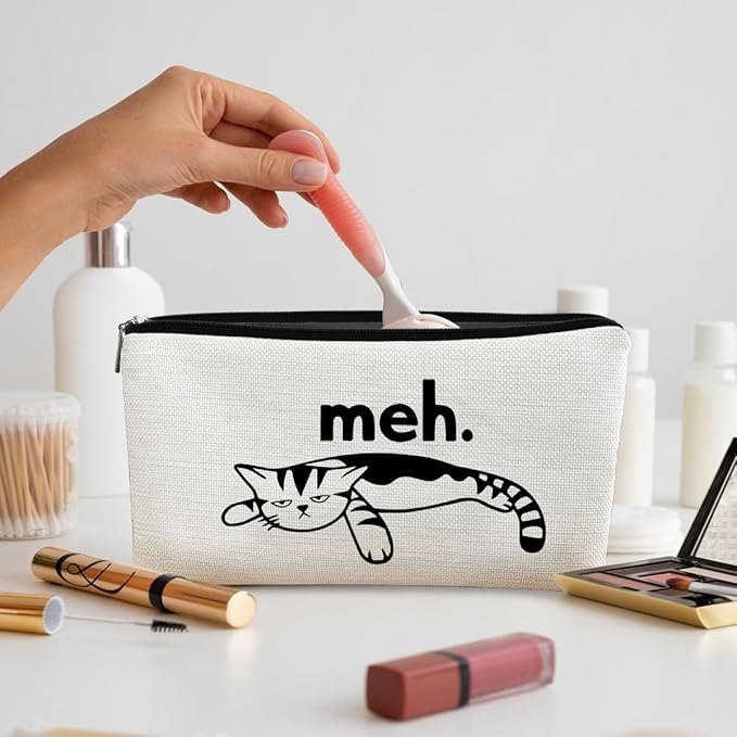 Cat Meh Makeup Bag - Funny Sarcastic Cosmetic Zipper Travel Toiletry Bag for Cat Lovers, Teen Girls, Women Idea