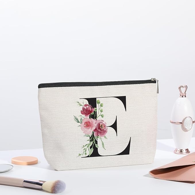 Initial Makeup Bag, Personalized Gifts for Women, Bridesmaid Gifts, Birthday Gifts for Women Mom, Gifts for Best Friend, Bride Bridesmaid Cosmetic bag (Letter E)