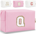 Small Personalized Letter Makeup Bag, Cute PU Leather Chenille Letters Cosmetic Bag Travel Makeup Pouch, Preppy Travel Organizer Zipper Pouch for Women&Girls（Pink-Q）