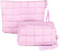 Richeart Makeup Bag Travel Toiletry Bag - Checkered Down Cotton Makeup Pouch for Women with Cosmetic and Pencil, Aesthetic Pink Design, 2 Pieces