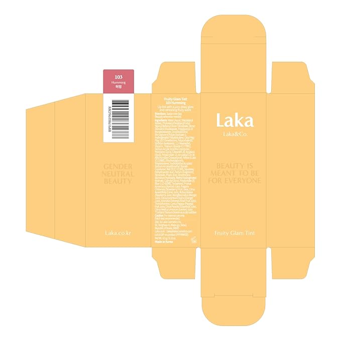 Laka Fruity Glam Tint, Glowing Lip Stain with Wide Color Spectrum, Hydrating & Lightweight Texture, Long-Lasting Bold Stain, Non-Sticky, Vegan, K-Beauty (#103 Humming, 4.5g/0.15oz)